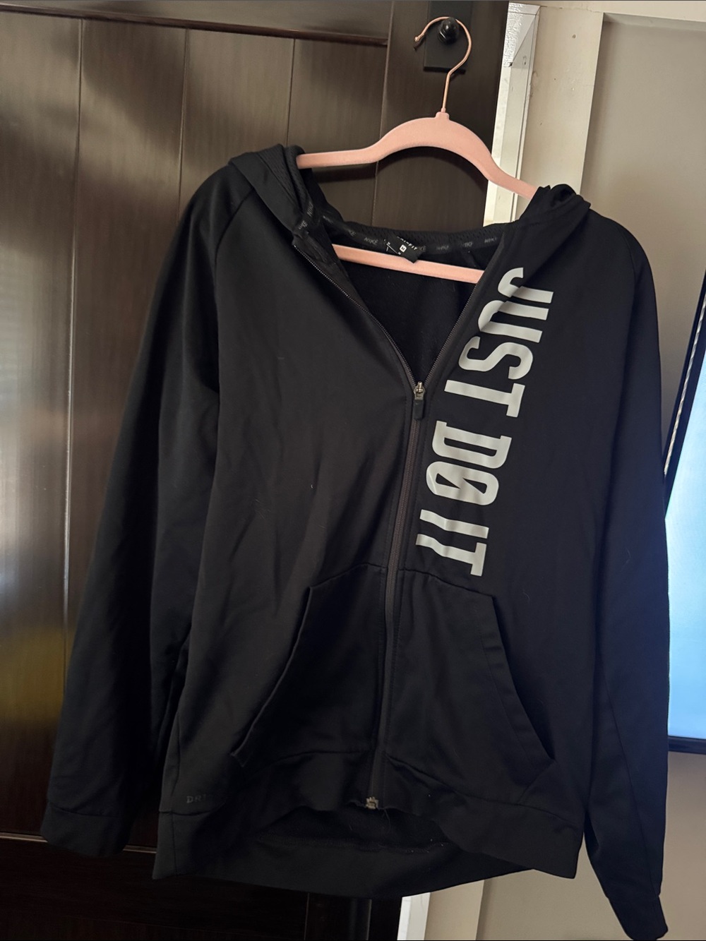 Nike Black Full-Zip Hoodie with White Vertical 'Just Do It' Text
